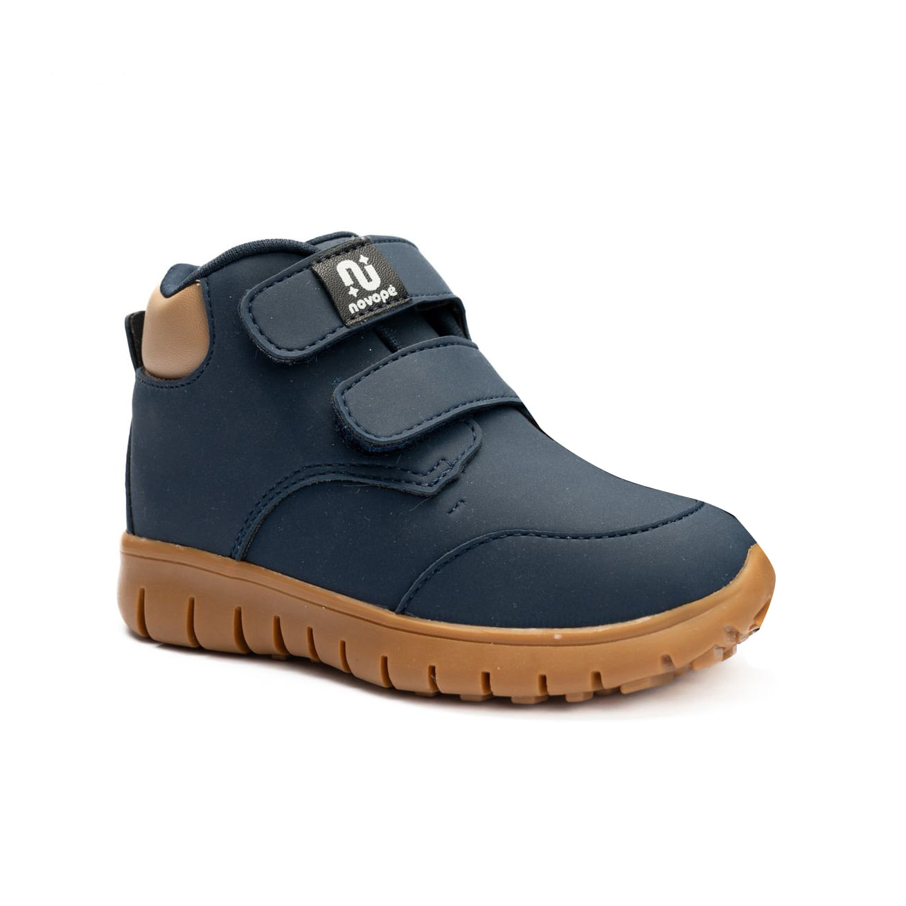 Bota infantil Novopé azul e bege com fechamento em velcro e sola antiderrapante